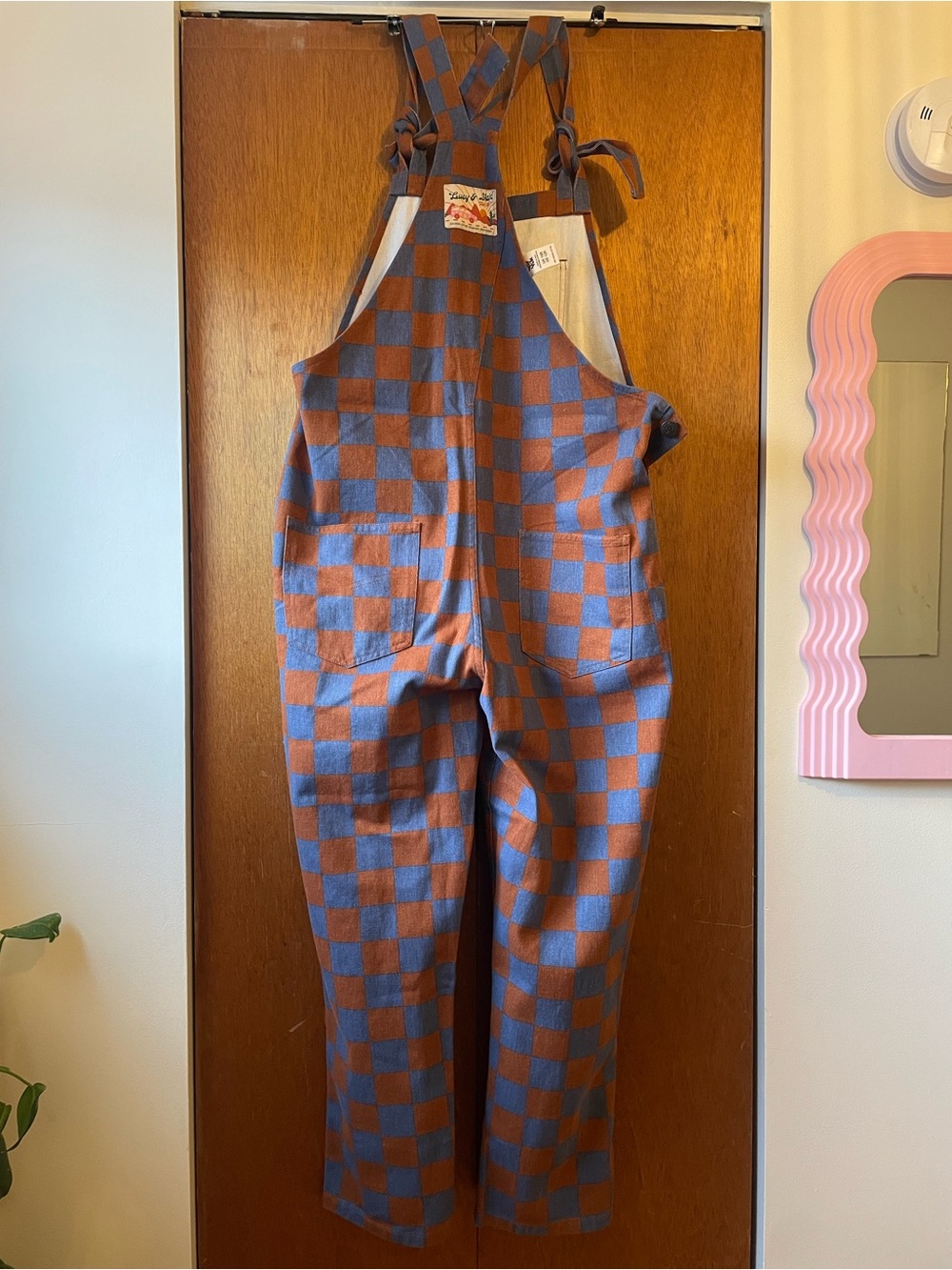 Lucy & Yak Checkerboard Tie-Strap Overalls - Blue & Brown - Picture 6 of 8